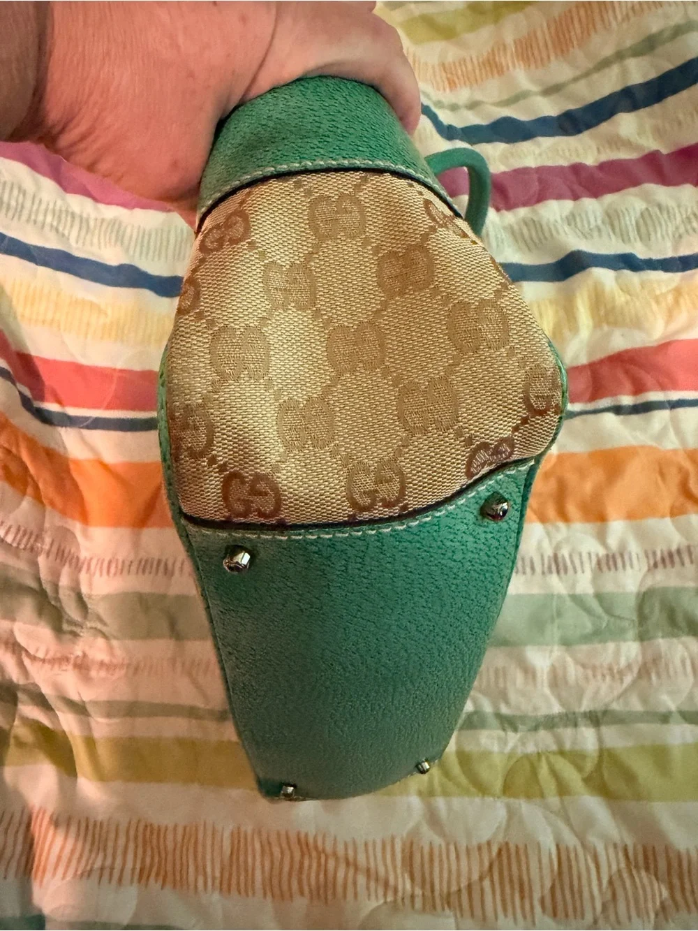 Gucci Abbey Tote   Beige GG Canvas Tote with Teal Leather Accents